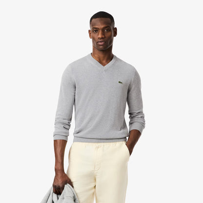 Monochromer Baumwoll-V-Ausschnitt-Pullover