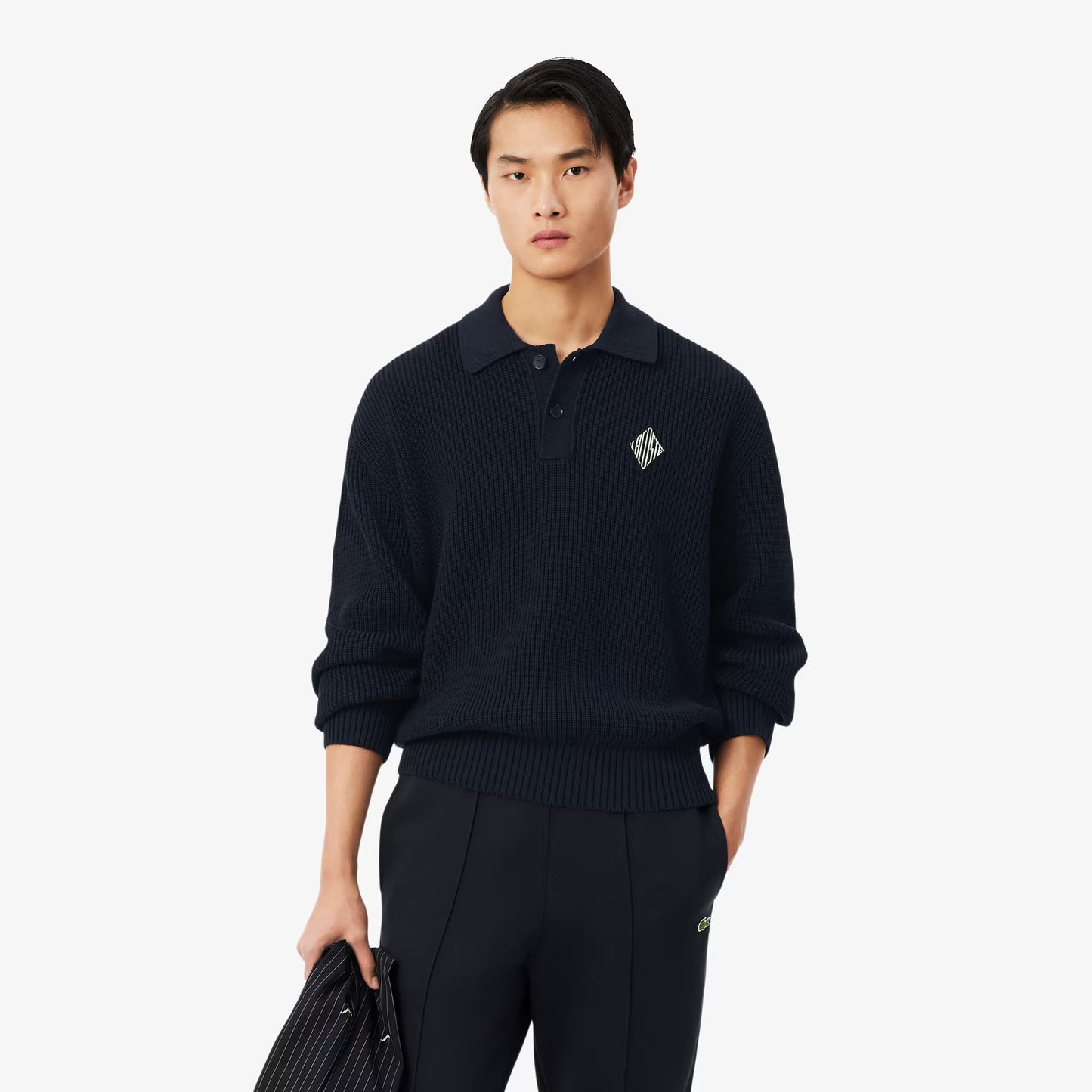 Pullover mit Polokragen, Perlen-Akzent und Abzeichen
