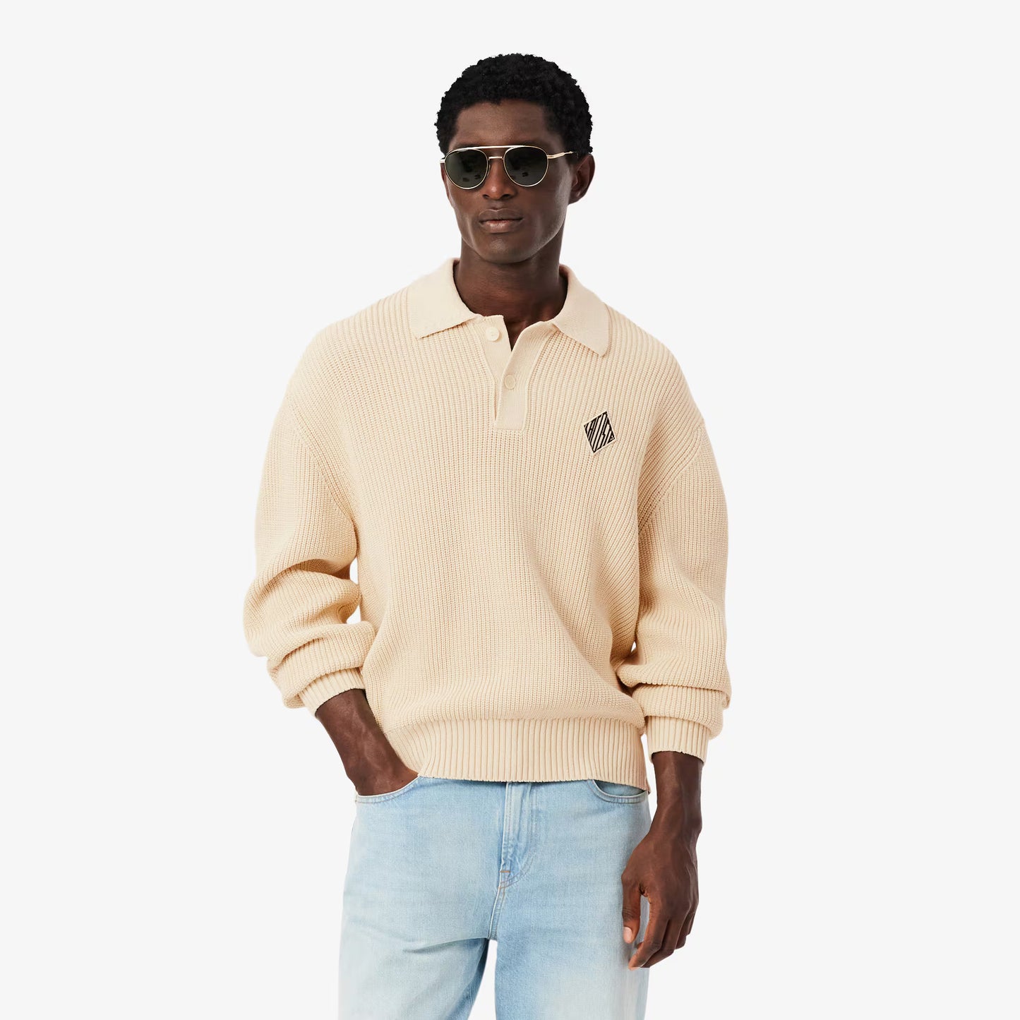 Pullover mit Polokragen, Perlen-Akzent und Abzeichen