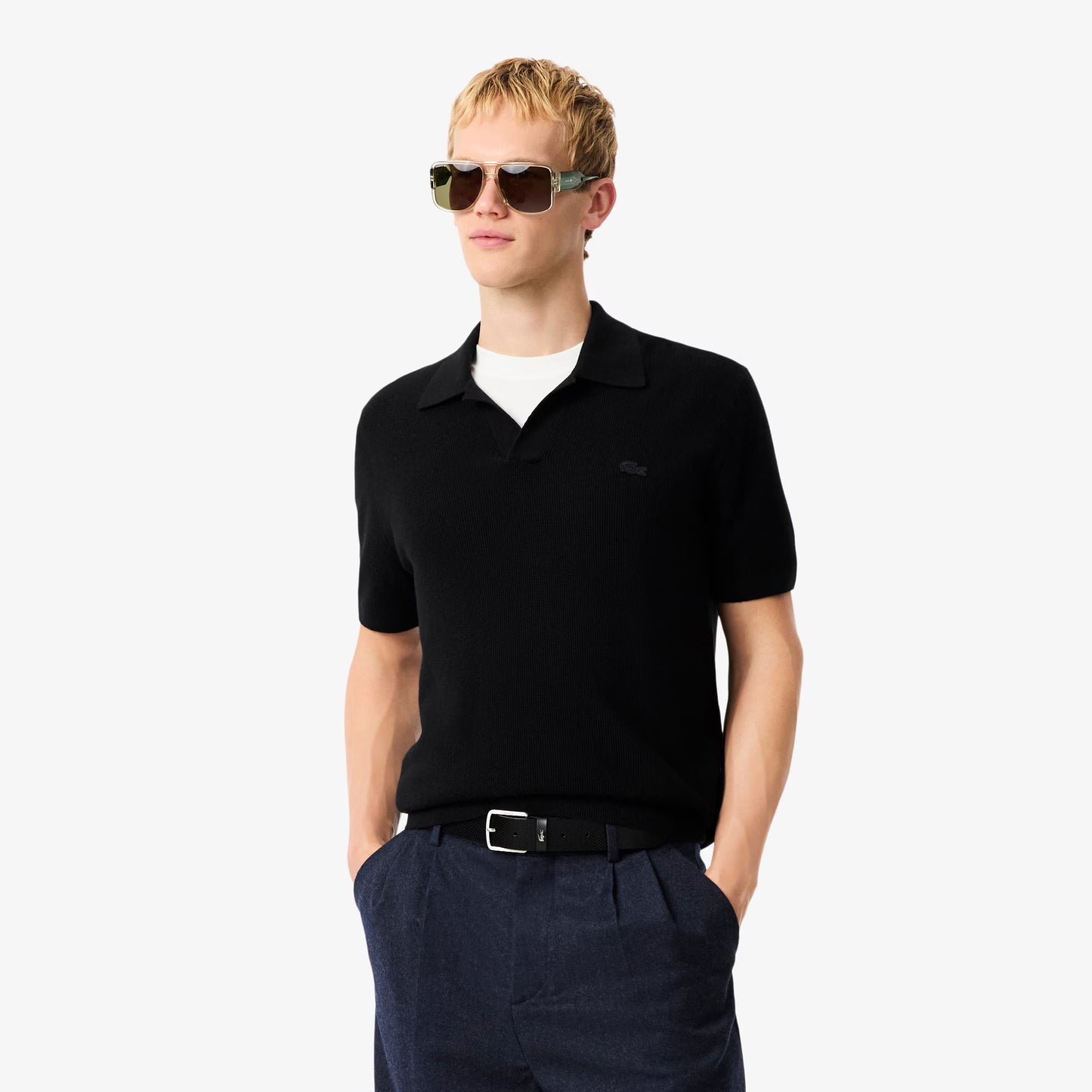 Cotton Blend Open Polo Collar Sweater